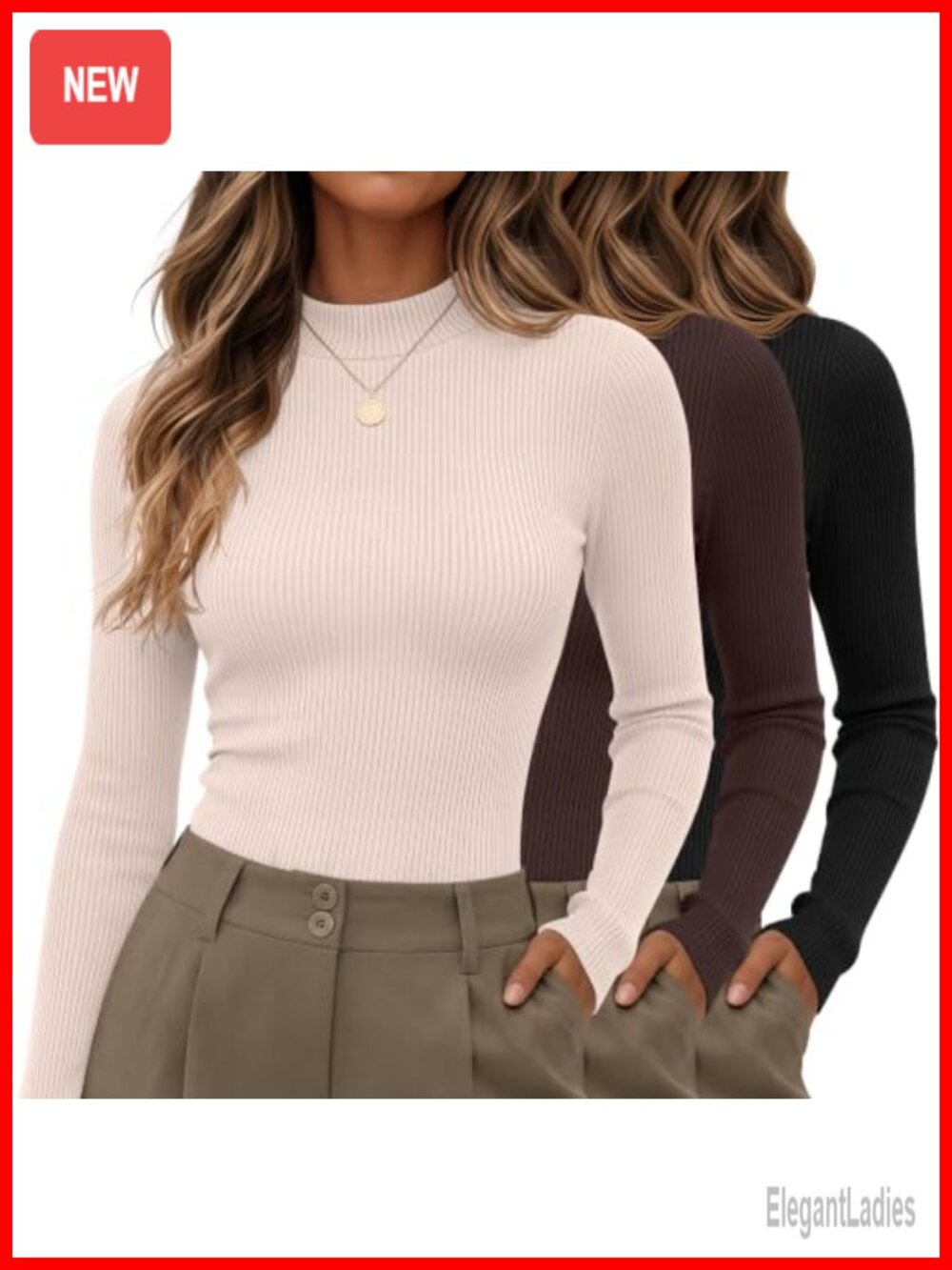 3 Pack Women's Mock Turtleneck Long Sleeve Ribbed Fitted Tops